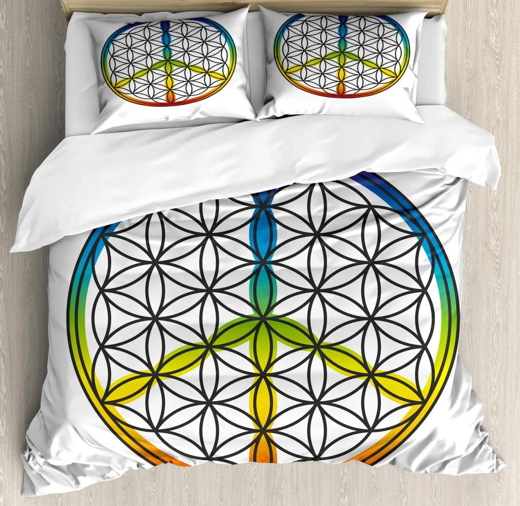 Flower of Life Duvet Cover Dark Blue with Geometry Print Quilt Cover for Children Teens Adults for Bedroom Decoration Queen Size