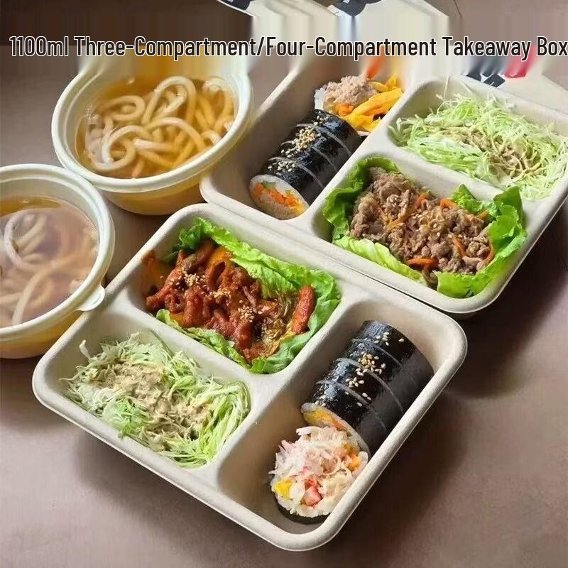 Disposable Four-Compartment Food Container with Clear Lid