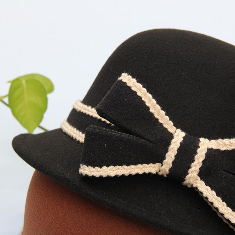 Retro Bow Woolen Hat Women's Autumn and Winter Warm Fashion Top Hat British Bucket Hat