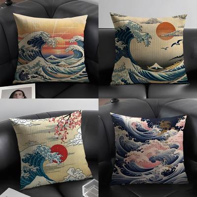 Waves Japanese Style Cushion Cover Natural Linen Organic Fabric DoubleSided Printing Sofa Home Decor Gift Pillow Case