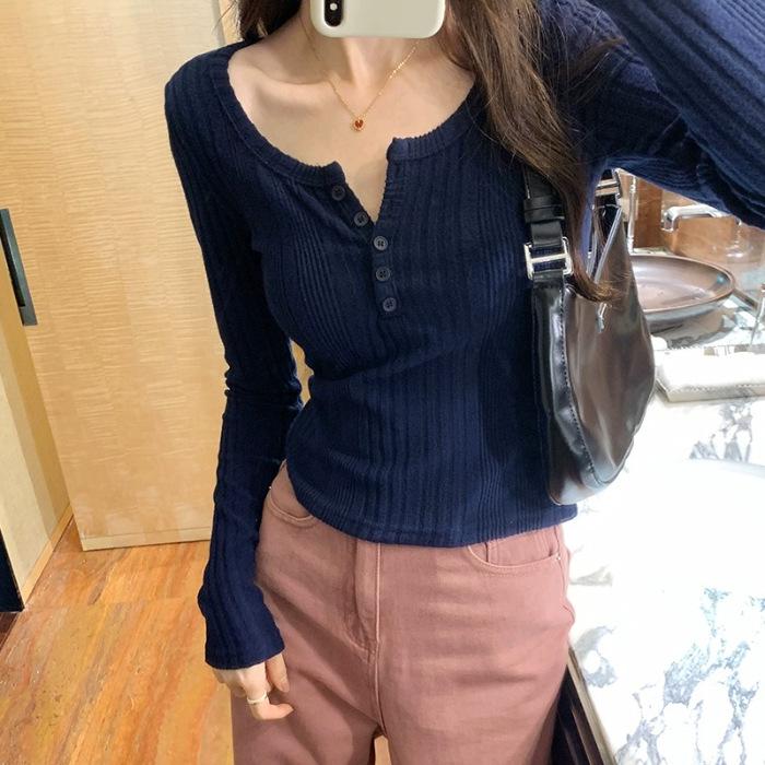 Women's Retro U-Neck Slimming Long-Sleeve Ribbed Knit Top, 2025 Autumn/Winter Collection