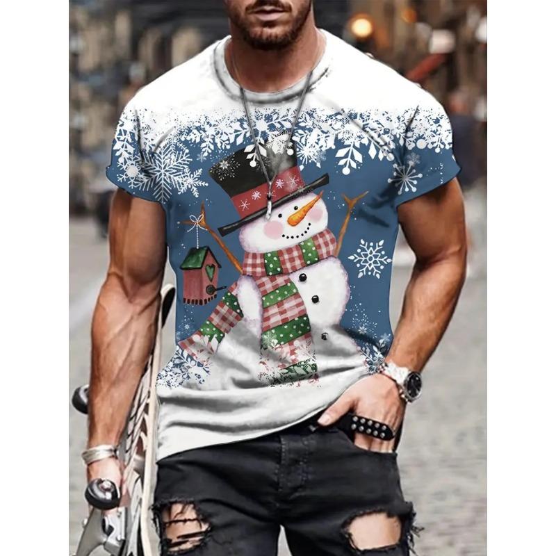 Funny Men's T-Shirts Santa Claus Christmas Oversized Short Sleeve with Snowflakes Print Red Casual O-Neck Outfit Men Clothing