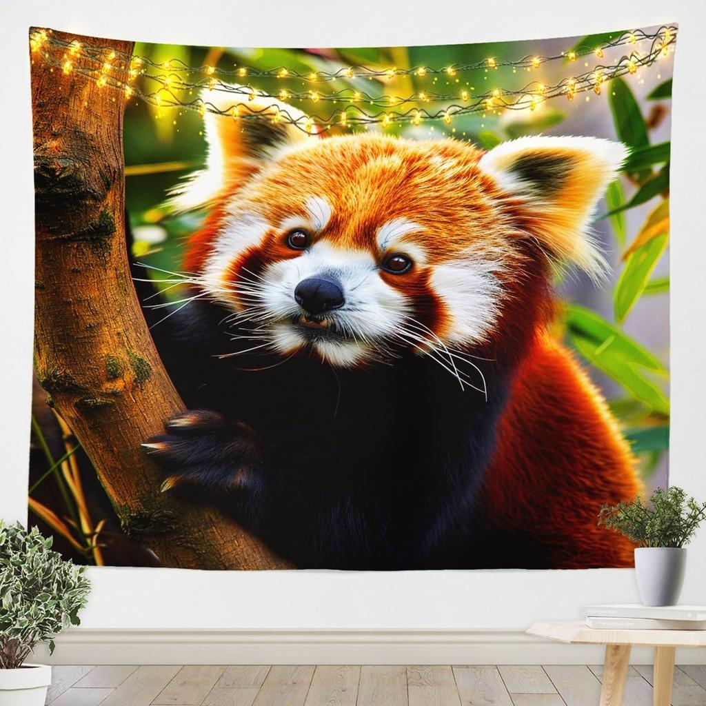 Red Panda Fox Forest Woodland Tapestry Wall Hanging Boho Home Decor Fairy Lights Polyester Art Print for Living Room Bedroom