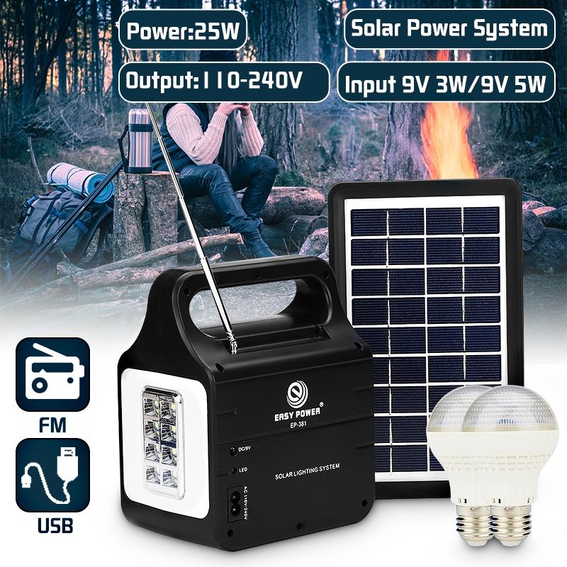 25W Solar Generator With Solar Power Panel 2xLED Bulb Solar-charging FM Support Stereo Speaker Multi-functional Generators