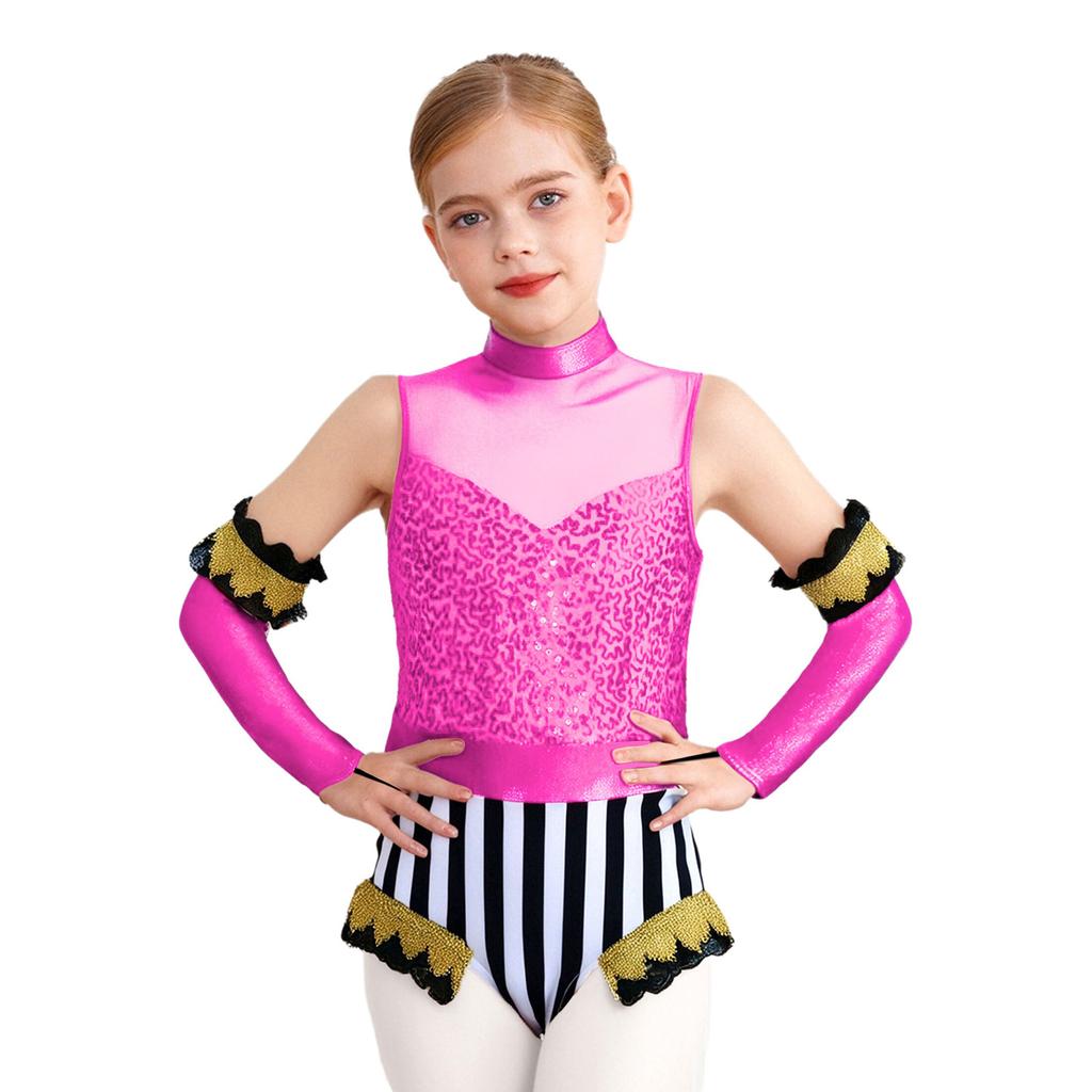 Tuta da Circo per Bambini Patchwork con Paillettes Decorazione in Nastro Dorato Maniche Lunghe Metalliche Lucide Abbinate