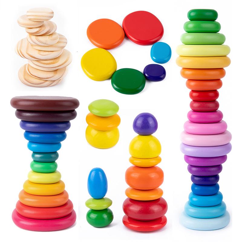 Interesting Toys Wooden Montessori Rainbow Pebbles Stack Block Toys Nordic Style Gradient Stacking Stone Balancing Game Diy Educational Kids Toys