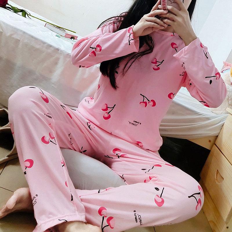 Women's Pajamas Large Size Long Sleeve Student Home Clothes Spring Printed Pullover Tops Pants Set Cartoon Pajamas