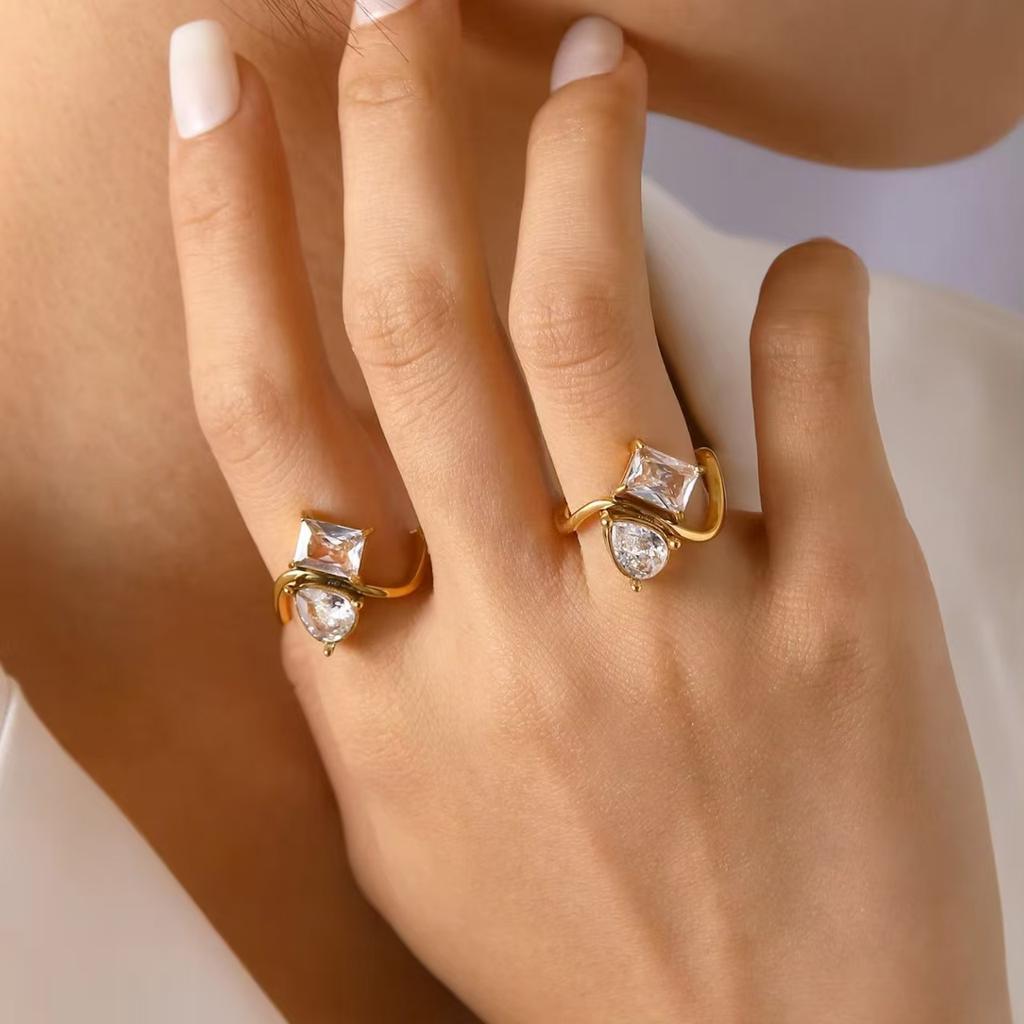 Two Stone Twist Open Ring for Women, 18K Gold Plated CZ Band, Adjustable Statement Jewelry Gift