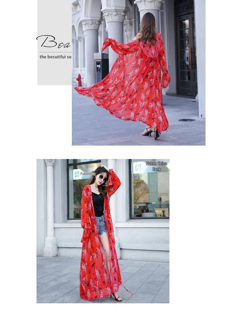 Hooded Beach Print Chiffon Cardigan for Women – Flowy, Breathable, Sun Protection Cape