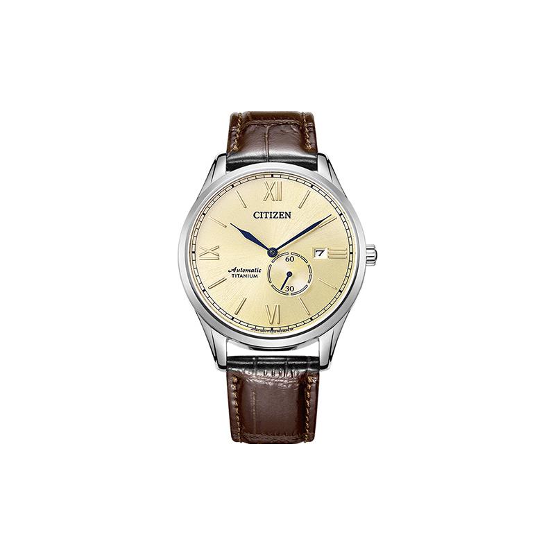 

CITIZEN independent second hand date display champagne gold casual business mechanical movement cowhide strap 42.4mm men s watch yellow dia NJ0090-13P синій