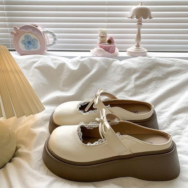 

Круглый носок, кружевной край, сумка на голову, полушлепанцы, новая обувь с одной педалью, студенческие туфли с бантом на платформе 35 шампанского