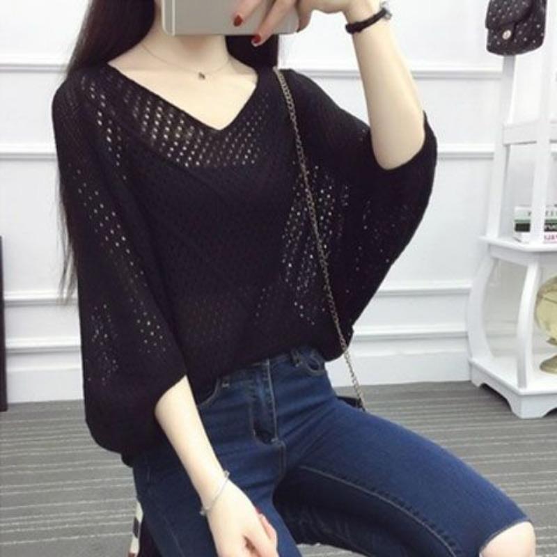 Spring Top Women's Loose Nail Beaded Mid Sleeve Sweater Base Shirt Spring/Summer Thin Hollow Knitted Sweater