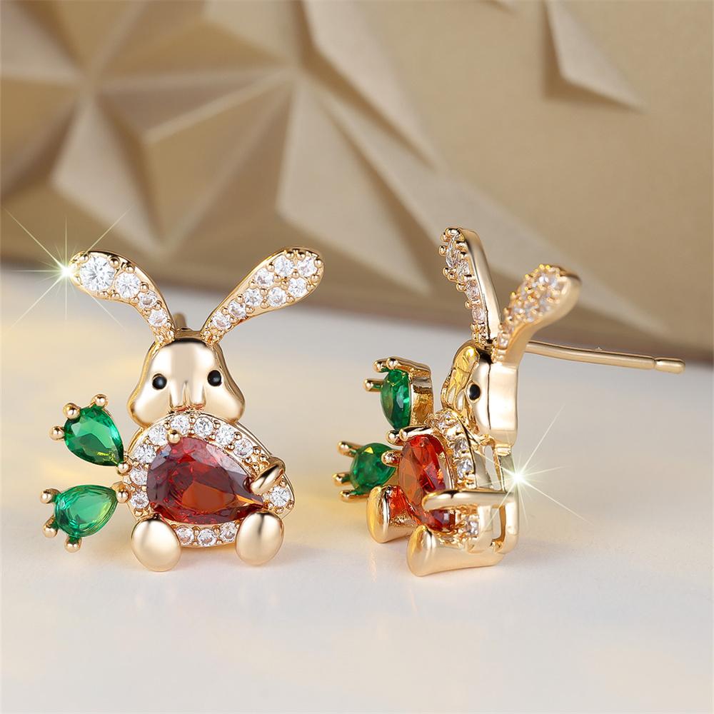 Cute Carrot Small Rabbit Stud Earrings For Women Red Green Crystal Water Drop Stone Earring Vintage Gold Silver Color Jewelry
