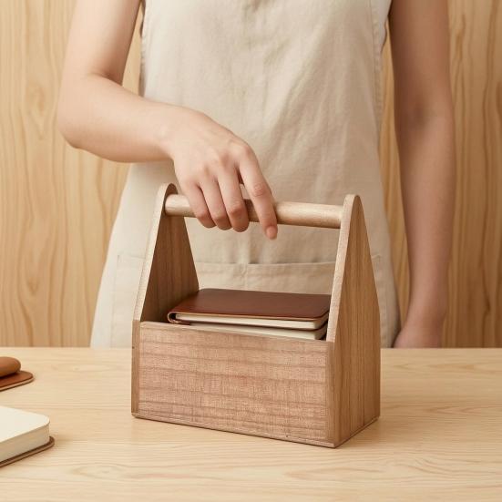 Scatola portaoggetti con manico, grande capacità, design aperto e portatile, texture legno, organizer durevole, per scrivania e souvenir