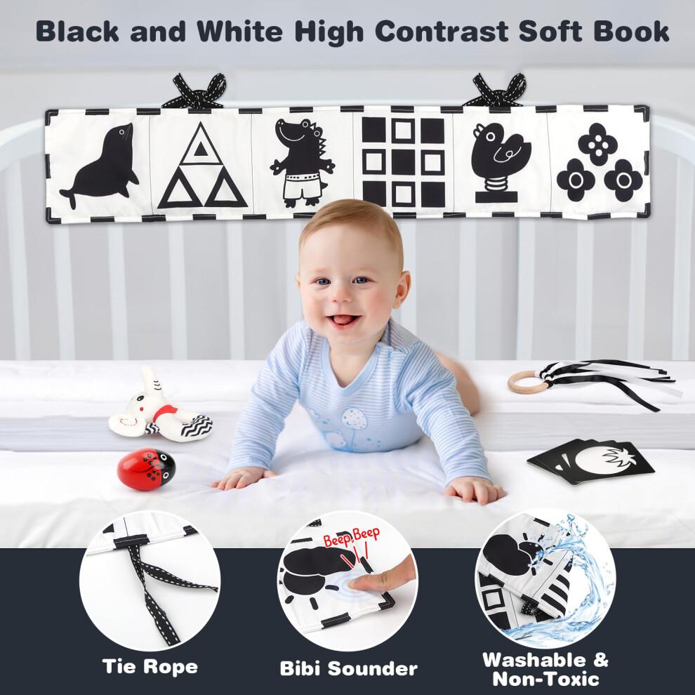 Juguetes Sensoriales para Bebés Joyreal, 13 Piezas Juguetes Sensoriales Blanco y Negro 0-6 Meses, Manta de Papel de Aluminio, Tarjetas Sensoriales, Sonajeros para Bebés, Anillo de Cintas, Pañuelo, Maracas, Ne