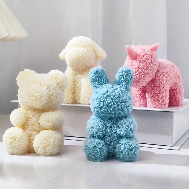 Valentine Silicone Rose Bunny-Mold Aromatherapy Candle Mold Epoxy Animal Plaster Mold for DIY Soap Present Candle Making