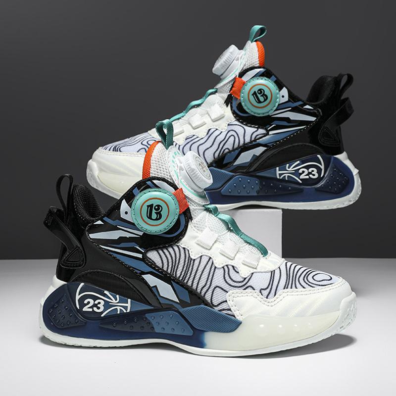 

Summer mesh basketball shoes 2025 new breathable boys rotating buckle lightweight black and white medium and older children s wear-resistant sports s 41