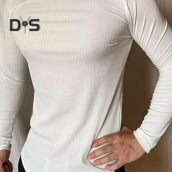 Men Sport Top Slim Fit High Elasticity Striped Texture Round Neck Quick-drying Long Sleeves Slim Fit Compression Figure Shaping Gym Running