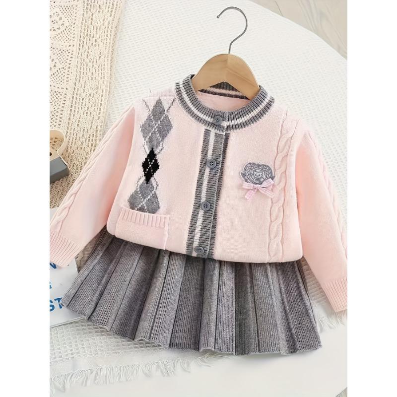 New Girls' Sweater Set - British College Style Knitted Cardigan & Trendy Pleated Skirt Two-Piece, for Outdoor