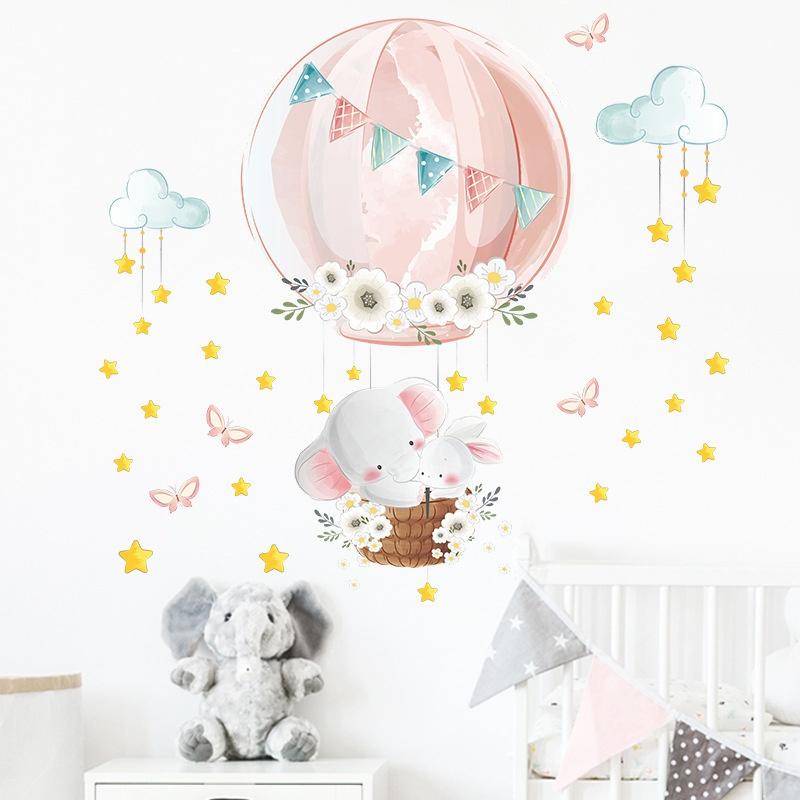 1 Pcs Cute Cartoon Animal Elephant Hot Air Balloon Wall Stickers For Children's Room Nursery Bedroom School Home Decoration