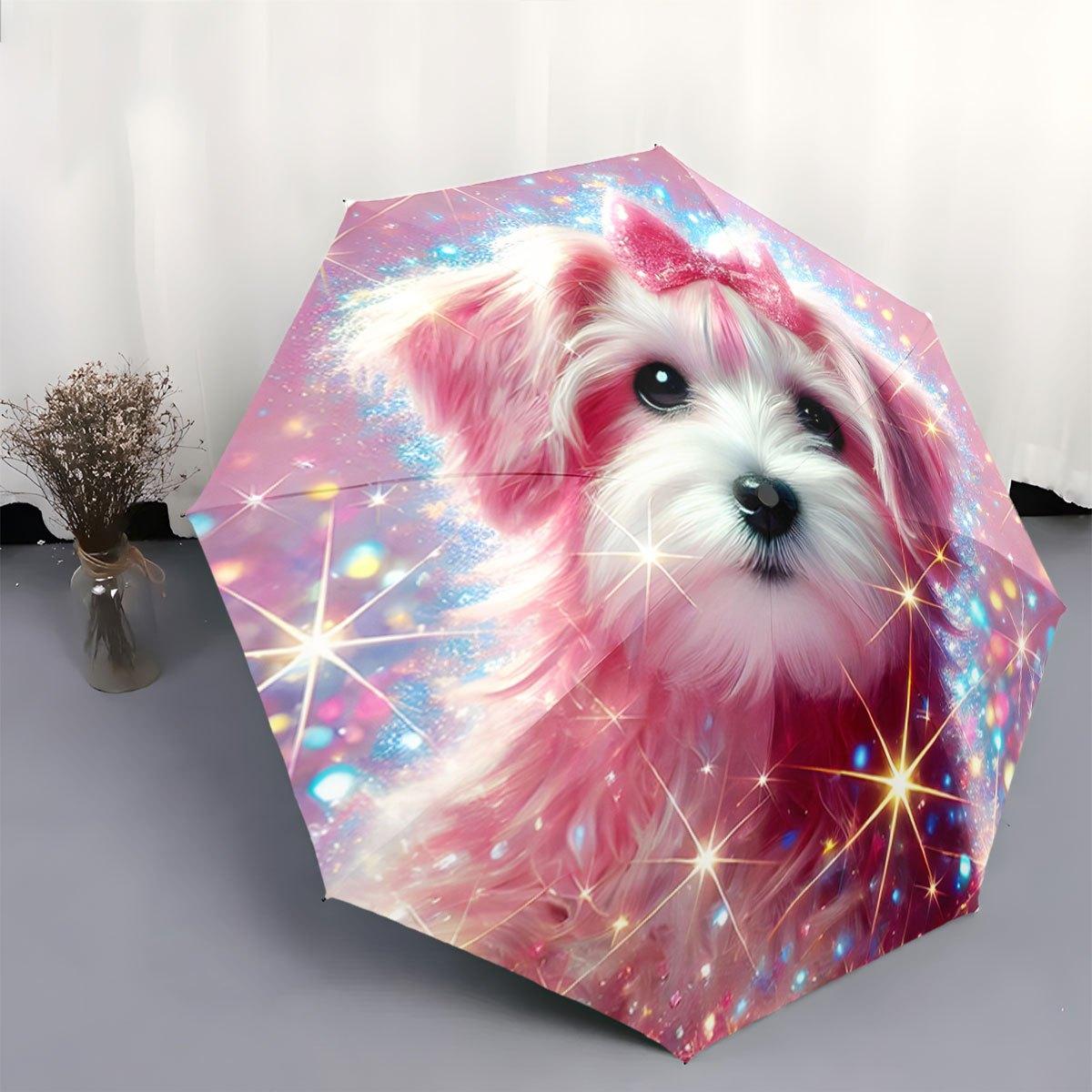 

Open/Close Portable Folding Umbrella with Cute Pink Dog & Bow - Compact Travel Umbrella, Raining Day Accessory for &, Christma (as the picture,Iron&8K)