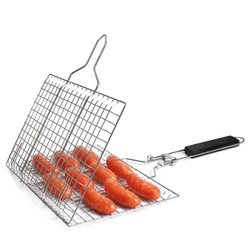 Grilling Basket Folding Portable Outdoor Camping Stainless Steel BBQ Rack with Removable Handle Barbecue Griller Cooking Tool