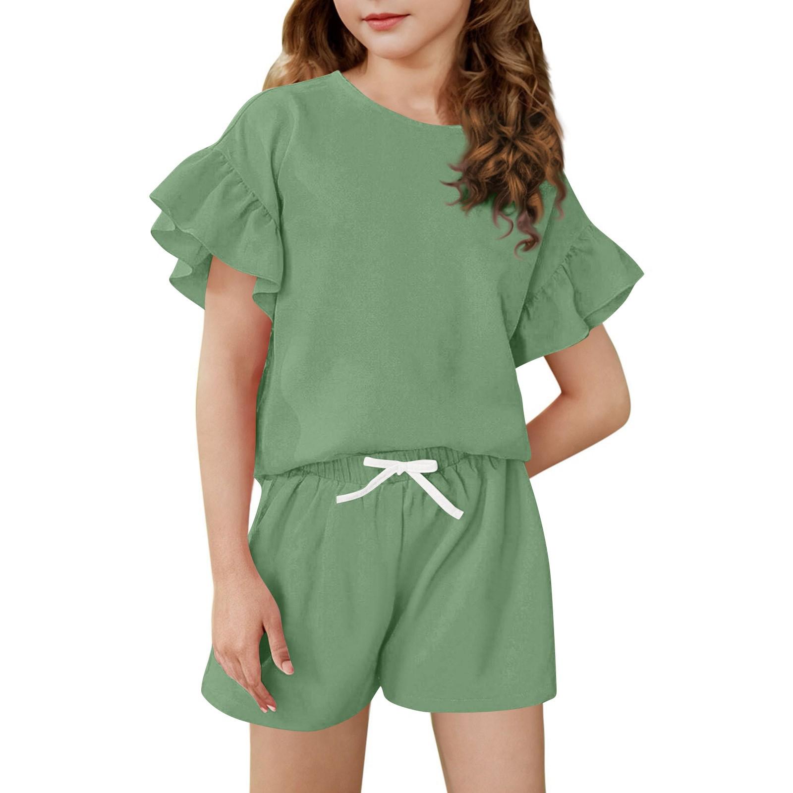 

Girls Summer Outfit Ruffle Sleeve Top And Shorts Clothing Set Lightweight Casual Two Piece 120