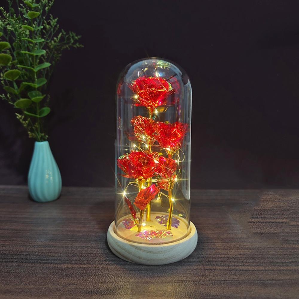 Romantic Artificial Rose Light with Acrylic Cover 3 Heads Rose Light Up Rose Simulation Luminous Eternal Rose Lamp Mothers Day