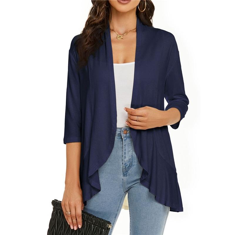 Europäische und Amerikanische Sommer Damen Oberteile, Neue einfarbige Strickjacken, Dreiviertelärmel, Rüschen, Lässiger Minimalistischer Stil