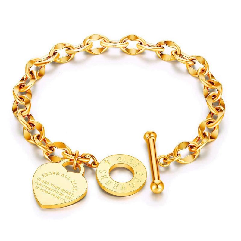 1pc Women's Stainless Steel Classic Heart Engraved Toggle Clasp Titanium Steel Chain Bracelet Valentines,Mom,Mother,Mother's Day,Gift