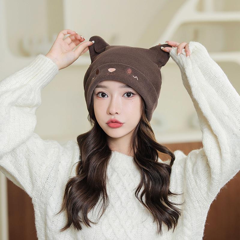 Big head circumference pile hat for women Japanese cartoon cute knitted hat rabbit ears hat Korean version warm ear hat cold hat