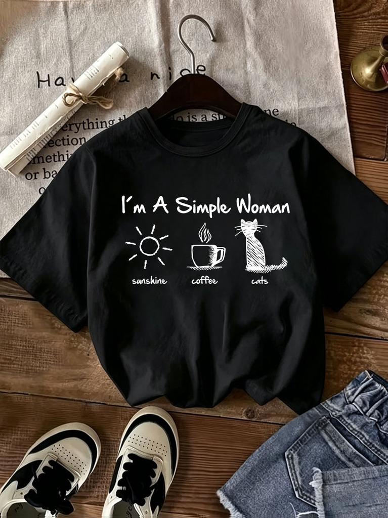 Funny Cat I Am A Simple Unisex With Letters Sunshine Coffee Cat Tshirt Graphic Fun Cute Cat Retro Casual Summer Top Tee
