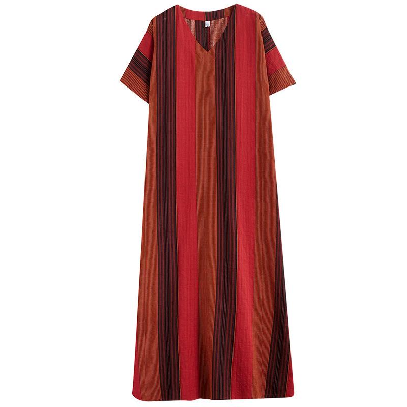 Summer Thin Cotton Linen Print V-neck Loose Oversized Simple Casual Vacation Style Medium Long Dress for Women Dresses