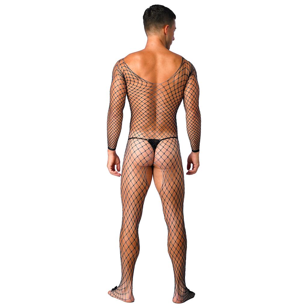 Mens Sheer Fishnet Bodysuit V Neck Long Sleeve Mesh Lingerie Sleepwear