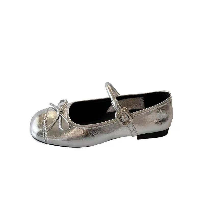 Girls Round Toe Bowknot Flat Shoes Spring/Summer New Versatile Small Leather Shoes Low-cut Single Shoes 26