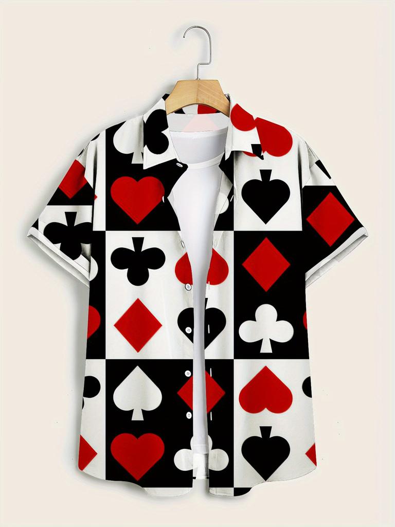 Camicia da Uomo a Maniche Corte Stile Bohemien con Stampa di Carte da Poker - Casual Button-Up con Design Rosso, Nero e Bianco, Perfetta per Tutte le Stagioni, Casual