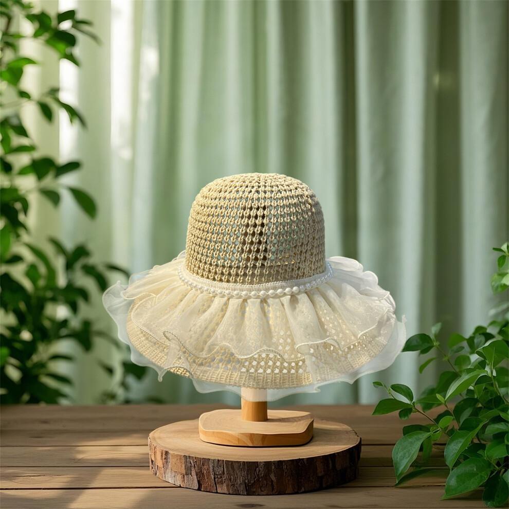 (One Size, Beige) Women's Woven Sun Hats Outdoor Fashionable Mesh Pearl Wide Brim Sun Protection Beach Hat