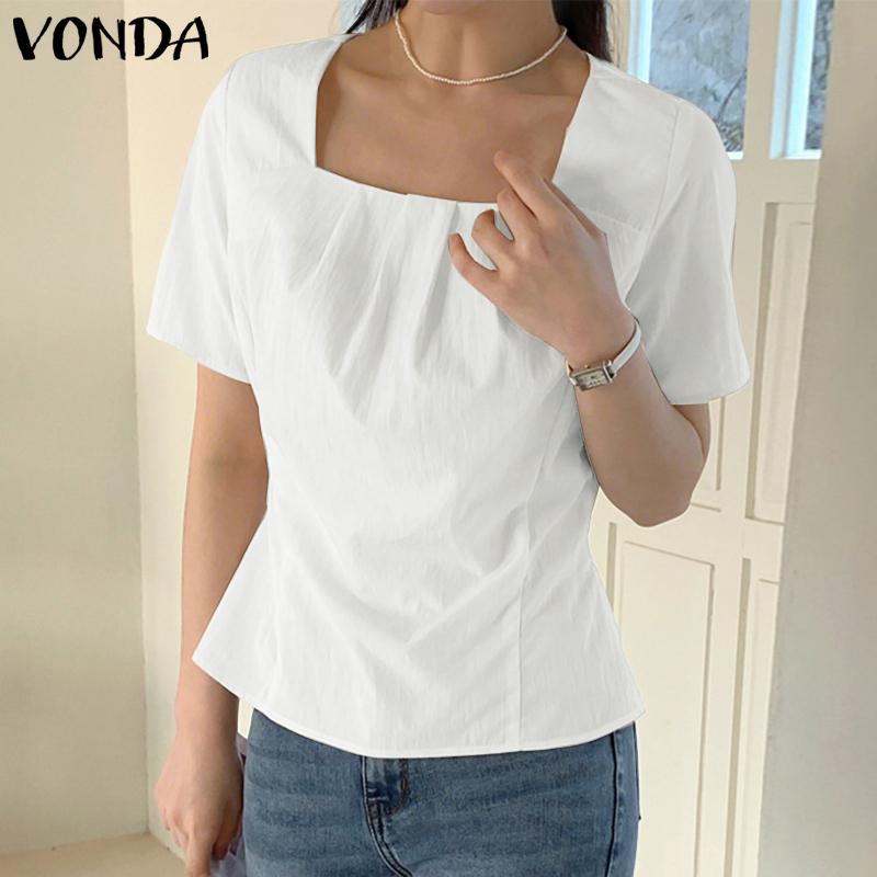VONDA Women Girls Square Collar Short Sleeve Slim Waist Casual Blouse