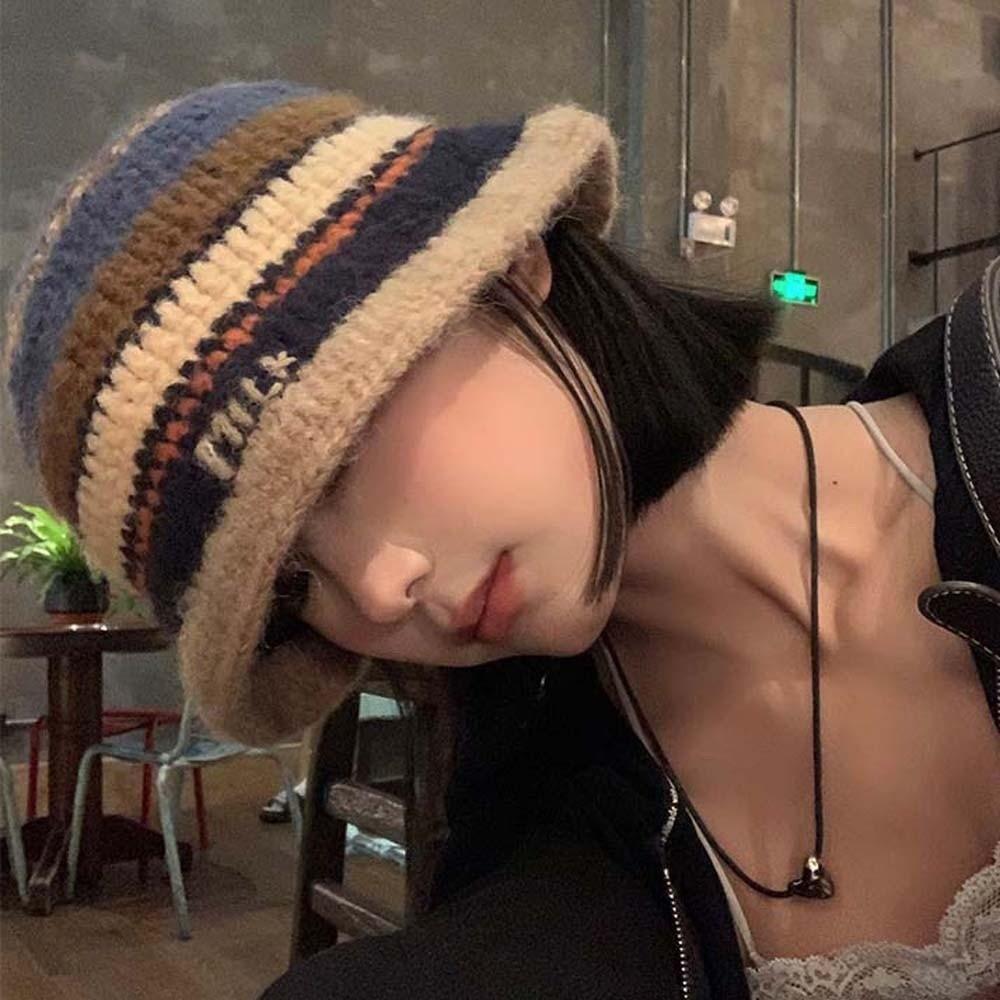Warm Knitted Bucket Hat Anti-cold Woven Basin Cap Elegant Striped Fisherman Hat  Travel
