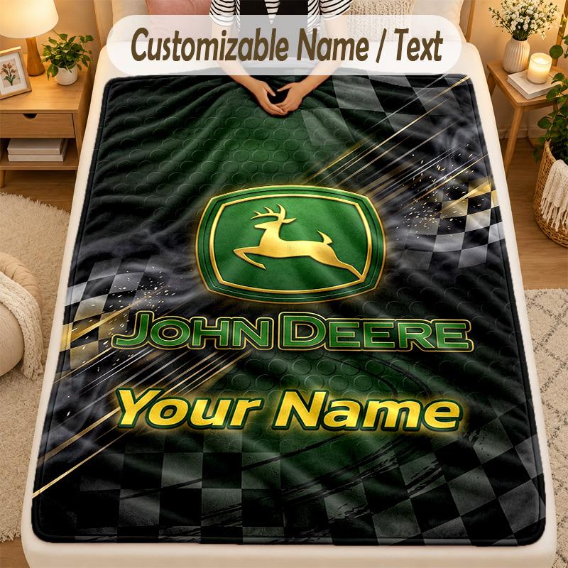 Flannel BlanketJohn Deere Custom Name Text Personalized Soft Warm Throw Blanket Home Decor Gift