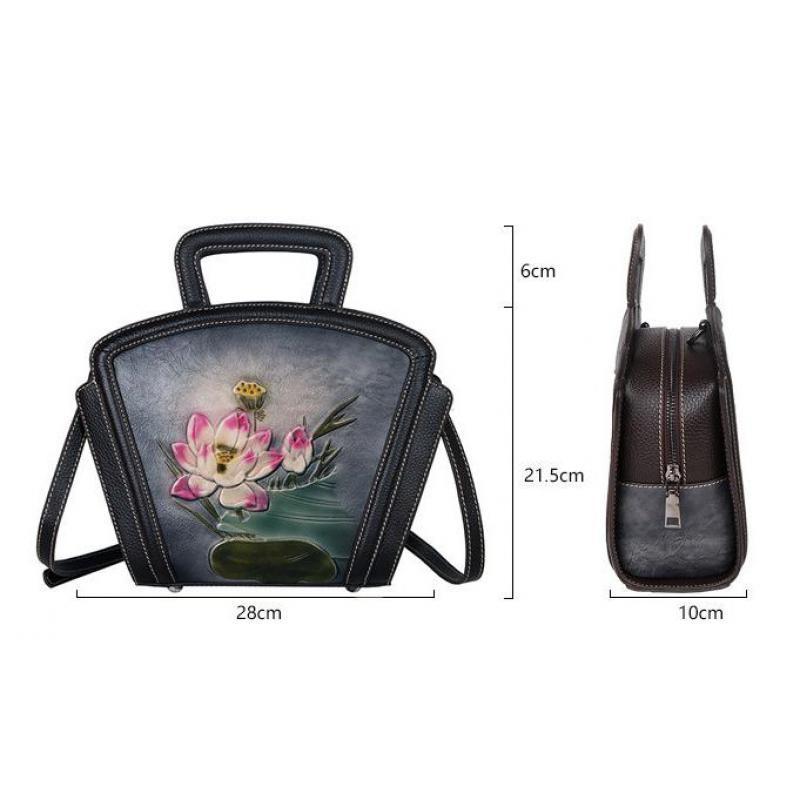 Johnature Vintage preget første lag kuskinn dameveske Luksus håndveske Håndmalte Lotus Skuldervesker for kvinner