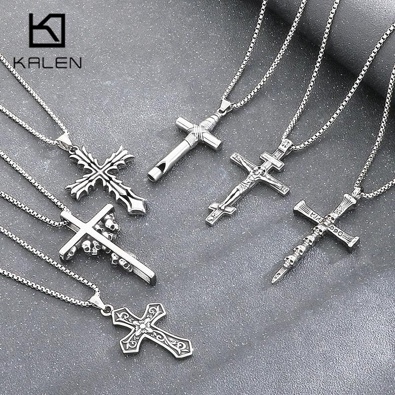 Stainless Steel Cross Pendant Necklace for Men Vintage Jesus Crucifix Carved Cross Necklaces Gothic Punk Religious Jewelry Gift