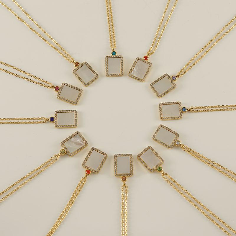 18K Titanium Steel Birthstone Pendant Necklace with Square Shell Design for Women