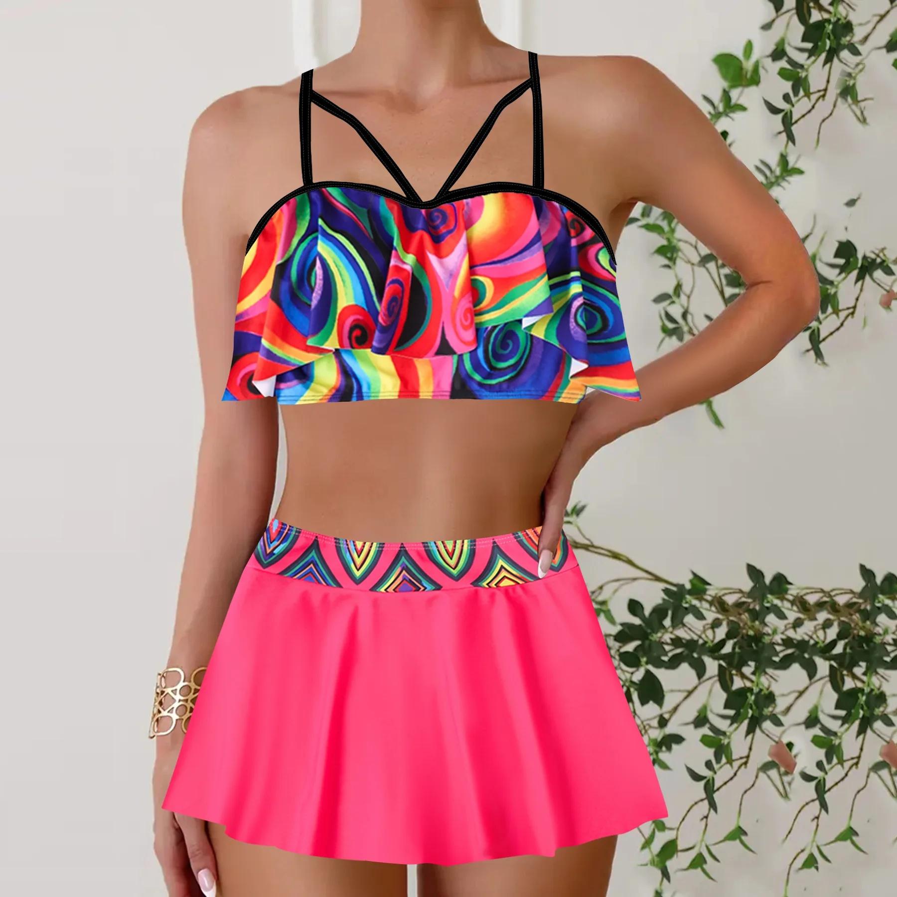 

Комплект бикини с разноцветным принтом, раздельный купальник большого размера, модный женский купальник, повседневная удобная пляжная одежда 3XL розы красного