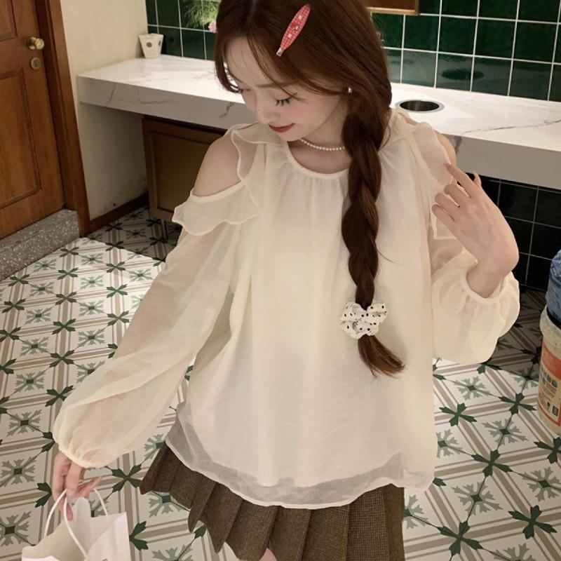 Solid Color Women s Shirt Cut Out Shoulder Round Neck Ruffled Edge Lantern Long Sleeved Blouse Summer New Version Loose Sweet Women s Top S
