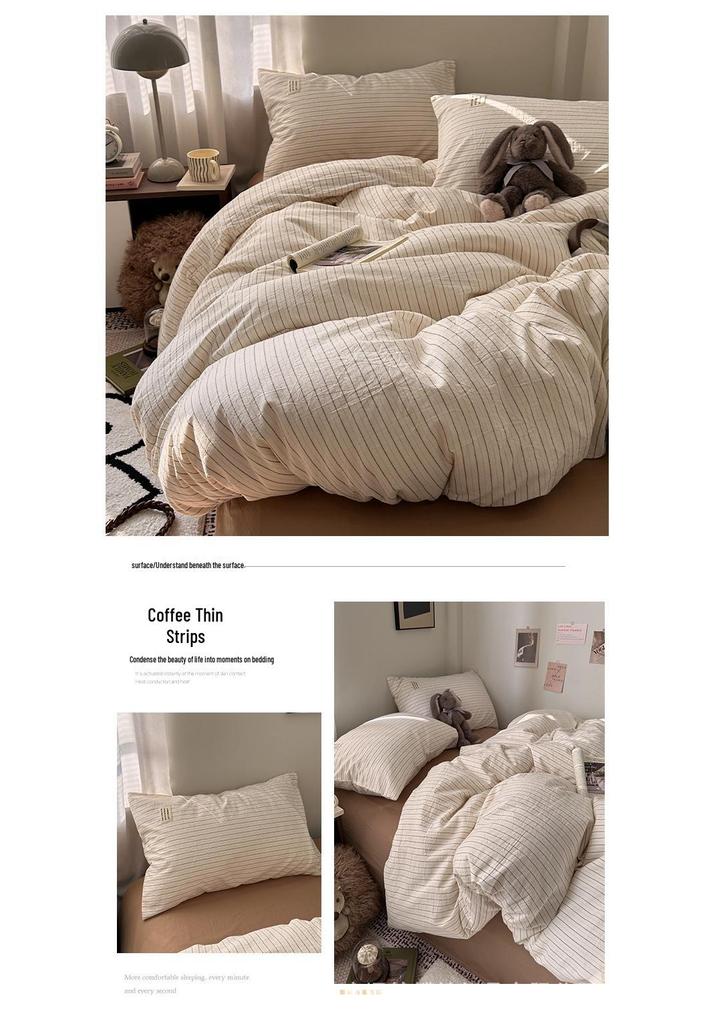 Blogger Style Cotton Striped Bedding Set - 4-Piece Duvet & Sheet Set, Home & Student Use