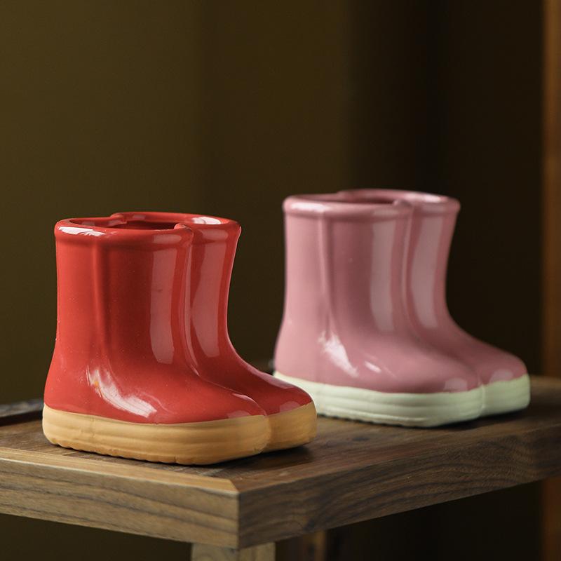 Ceramic Flower Pot Flower Vase Crude Pottery Cartoon Boots Rain Boots Shoes Floral Arrangement Accessories Garden Pot