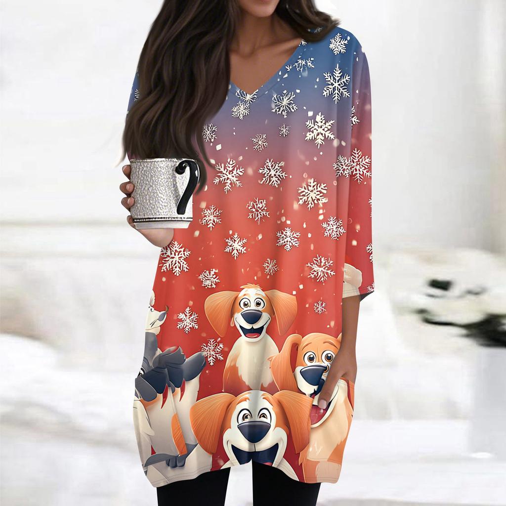 Damebluser med V-hals og 3/4-ermer, avslappede mellomlange skjorter, moteriktige tunikatopper med juleprint og lommer