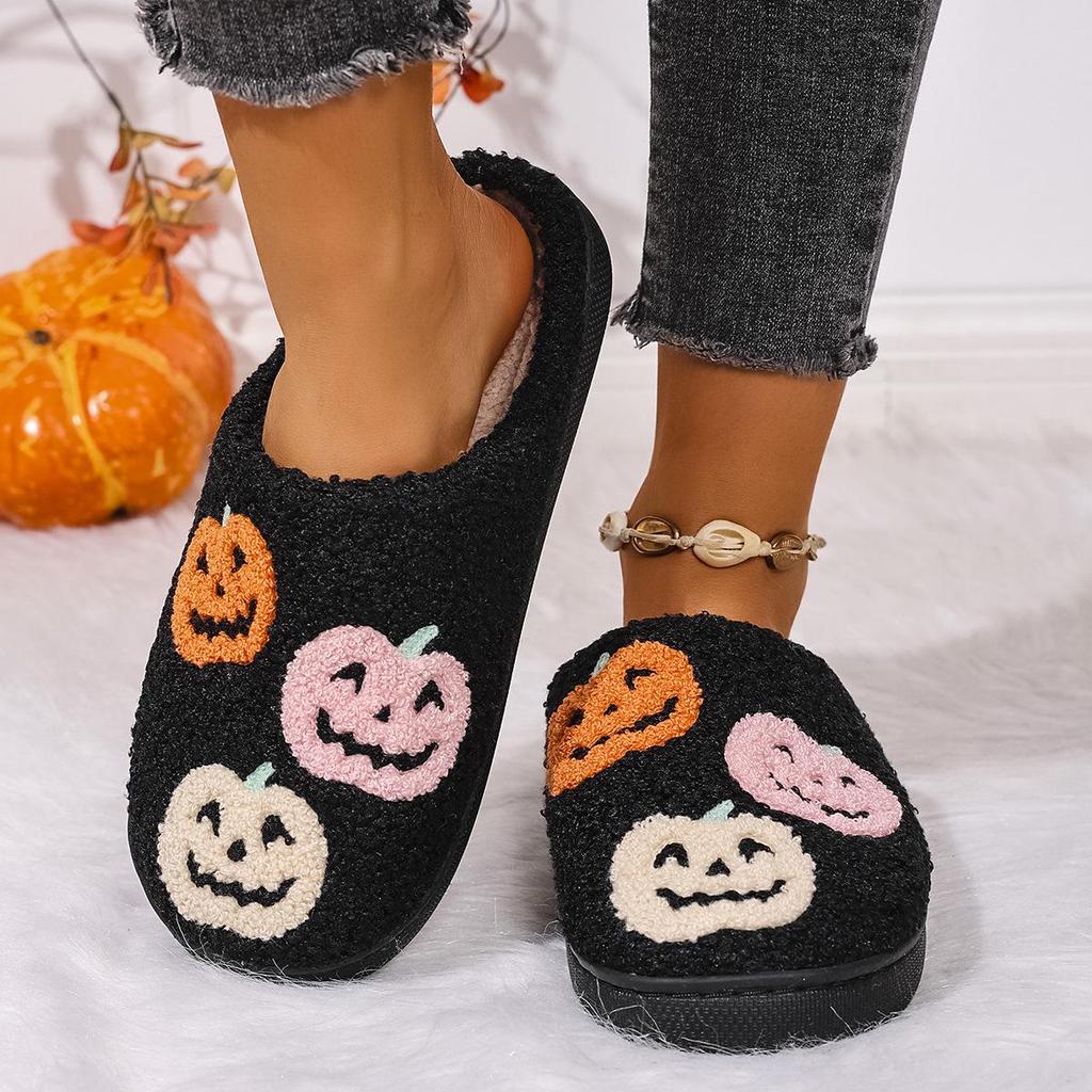 Unisex Halloween Pumpkin Indoor Cotton Slippers for Autumn and Winter, Warm Closed-Back Design