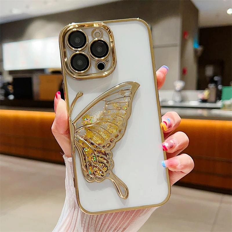 Luxuriöses Verchromtes Klares Glitzer Treibsand Schmetterling Hülle Für iPhone 16 Pro Max 15 14 13 12 11 Weiches Silikon Stoßfest Bumper Cover For iPhone 16 brown